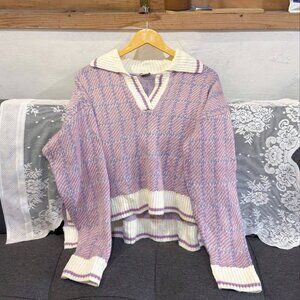 Cozy Purple Varsity Stripe Collared Sweater